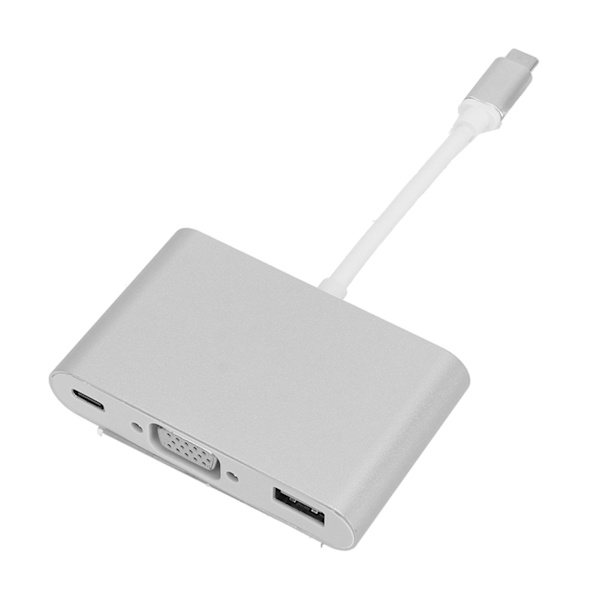 Type C til VGA USB 3.1 PD 3-i-1 Dockingstasjon Hub-adapter, sølv aluminium