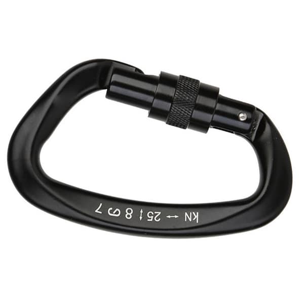 Aluminium D-ring karabinhage med låsemekanisme til klatring og bjergbestigning, sort.