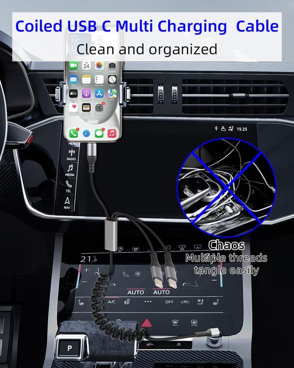 3-i-1 Spiral USB-C-kabel, 66W, 90-graders USB-C til Type-C bærbart bil-multikabel til hurtigopladning, kompatibelt med MacBook
