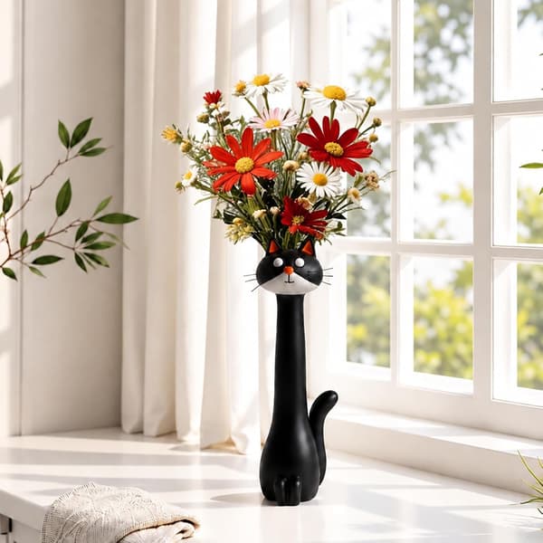 Kattformad vas, rolig handgjord blomvas, för blommor, hylla, spiselkrans, dekoration, svart sovrum