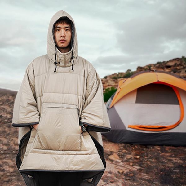 Varm vintersovepose, poncho-stil kappe, til udendørs camping