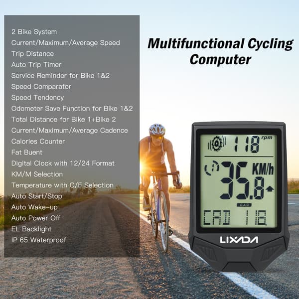 Trådløs cykelcomputer med kadence, IP65-klassificering, stor 2,5\" LCD-skærm og baggrundsbelysning.