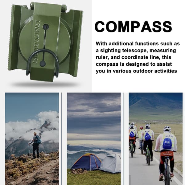 Multifunksjonelt utendørs sammenleggbart kompass for camping og fotturer med LED-lys for navigasjon og overlevelse