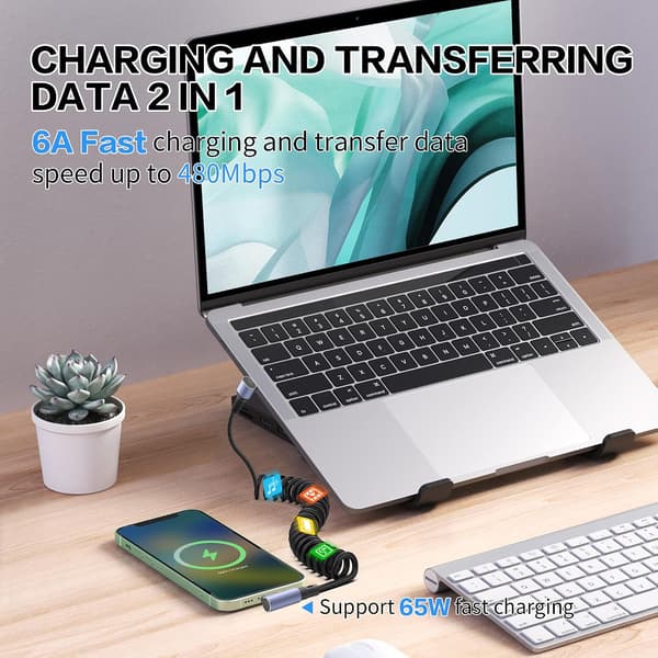 1M 90-graders USB-C till USB-C-kabel, infällbar för bilanvändning, stöder 6A snabbladdning och dataöverföring