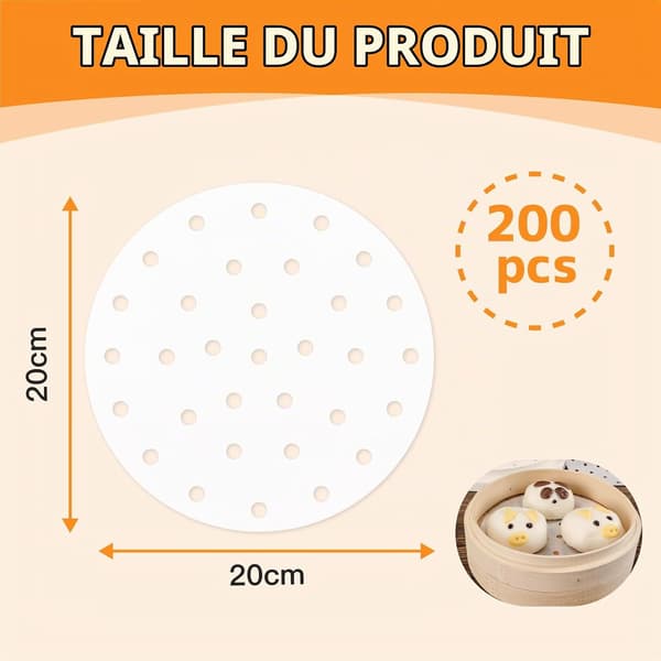 200 st 20 cm perforerat bambupapper för ångkokning, 10 tum, som dim sum-papper, för airfryer