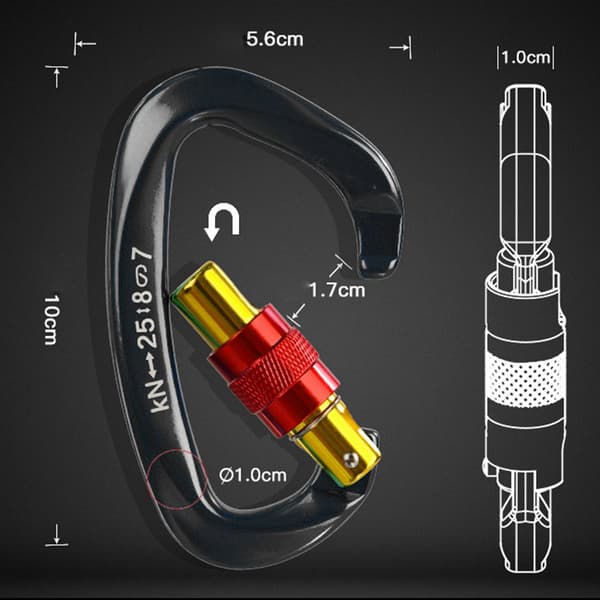 Aluminium D-ring karabinhage med låsemekanisme til klatring og bjergbestigning, sort.