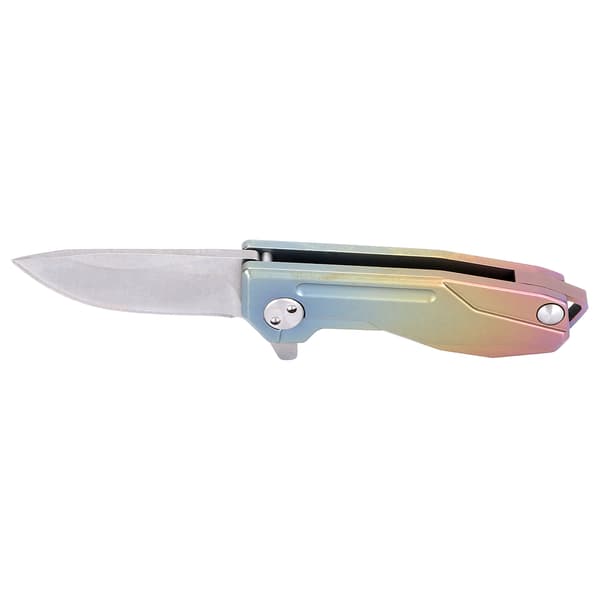 Mini kniv i titaniumlegering med D2-klinge, nøglering og farverig kæde