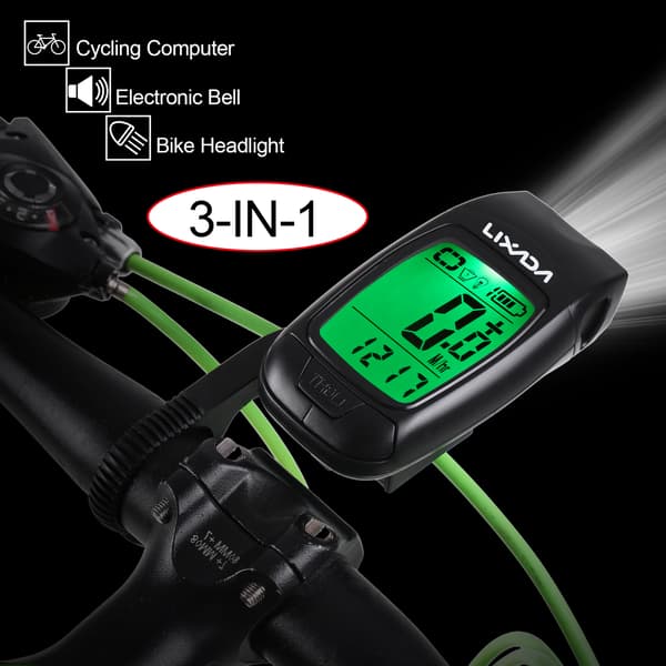 3-i-1 oppladbar trådløs sykkelcomputer med LED-frontlys, horn og speedometer