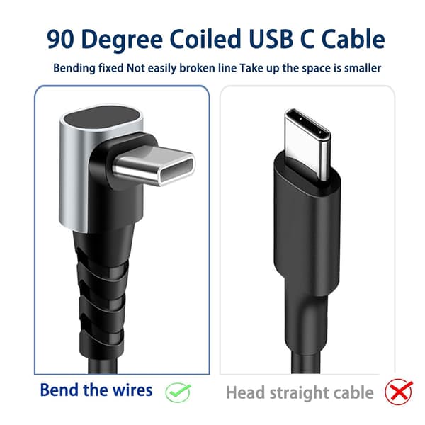 Pakke med 2 oprullede USB-C til USB-C kabler, 90-graders bilkabel, med datasynkronisering til iPhone 16 15