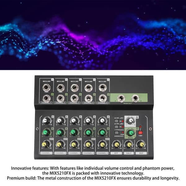 MIX5210FX 10-kanals miksekonsoll med effekter, bærbar studiokonsoll, UK-plugg