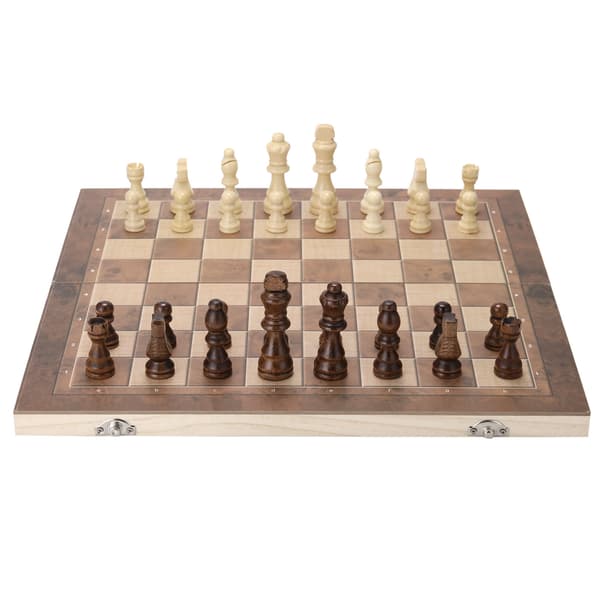 3-i-1 Träschackset: Schack, Dam, Backgammon, Hopfällbar Bräda 34x34cm för Barn och Vuxna