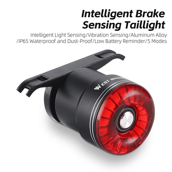 Oppladbar USB-sykkelbaklykt med bremsesensor, høy synlighet, 60 lumen, IP65