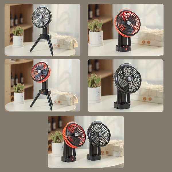 2-i-1 Campingventilator med LED-lys, stativ, genopladelig, 4 hastighedsniveauer til camping og fiskeri