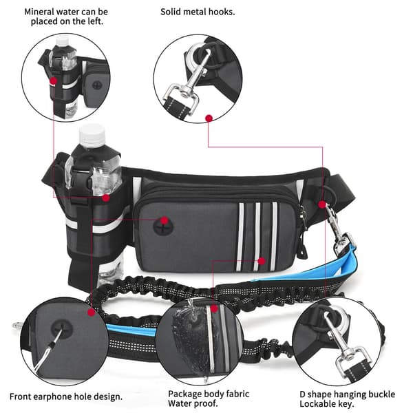 Handsfree hundmidjeväska med infällbart koppel och reflekterande bajspåsedispenser