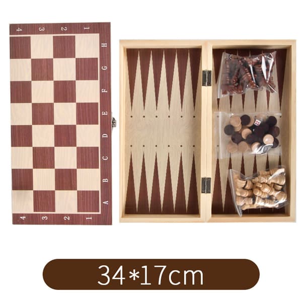 Bærbart 3-i-1 skak-, dam- og backgammon-sæt i træ til voksne og børn