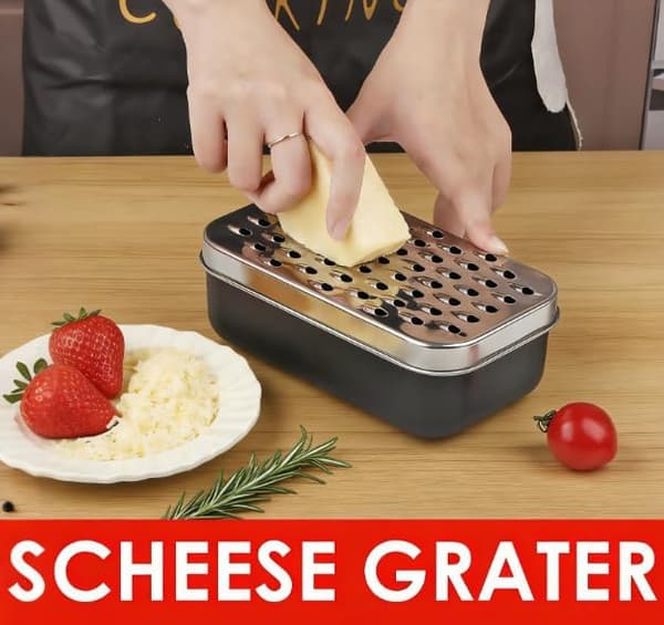 2-i-1 rivejern med beholder i rustfrit stål, børste og låg, parmesanrivejern med grøntsagsbeholder