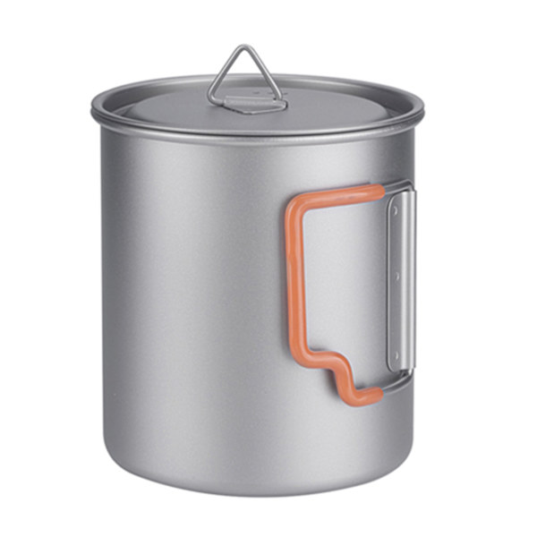 Stabelbare titanium campingkopper med foldehåndtag til rejser og camping