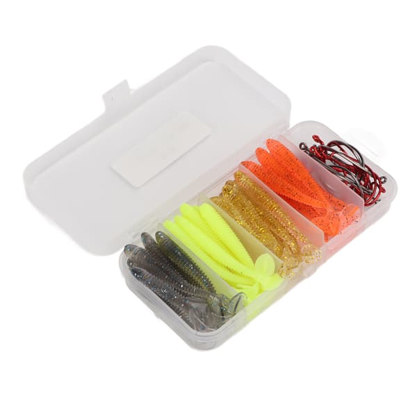 Sæt med 60 bløde agn med kroge i rustfrit stål, T-hale, PVC, til basfiskeri, 6 cm