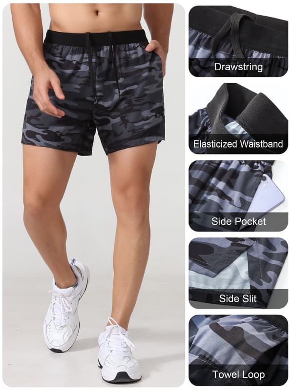 Sportsshorts til mænd i camouflage, hurtigtørrende, med lommer og håndklædestrop