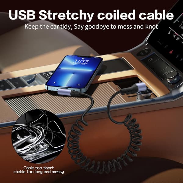 1M 90-graders USB-C til USB-C kabel, oprullet til bilbrug, understøtter 6A hurtigopladning og dataoverførsel