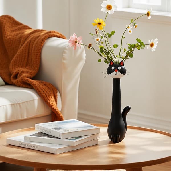 Kattformad vas, rolig handgjord blomvas, för blommor, hylla, spiselkrans, dekoration, svart sovrum