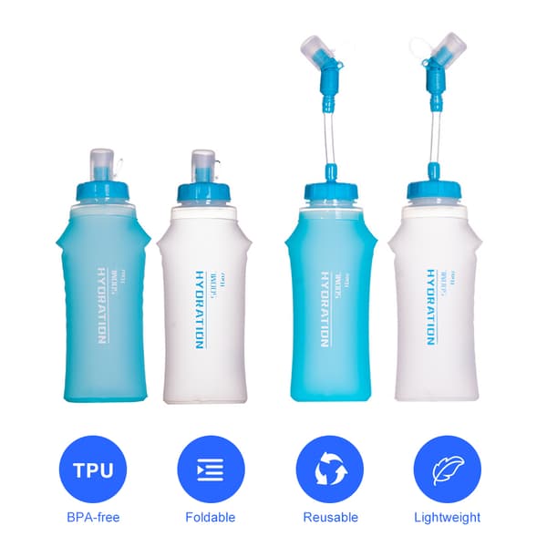 2-pack mjuka TPU hopfällbara vattenflaskor 500 ml för löpning, vandring, cykling, maraton