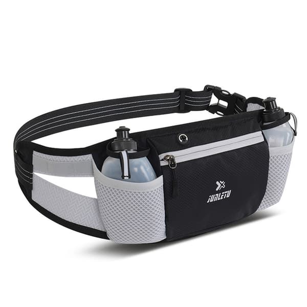 Vattenavvisande löparmidjeväska med flaskhållare och reflexband.