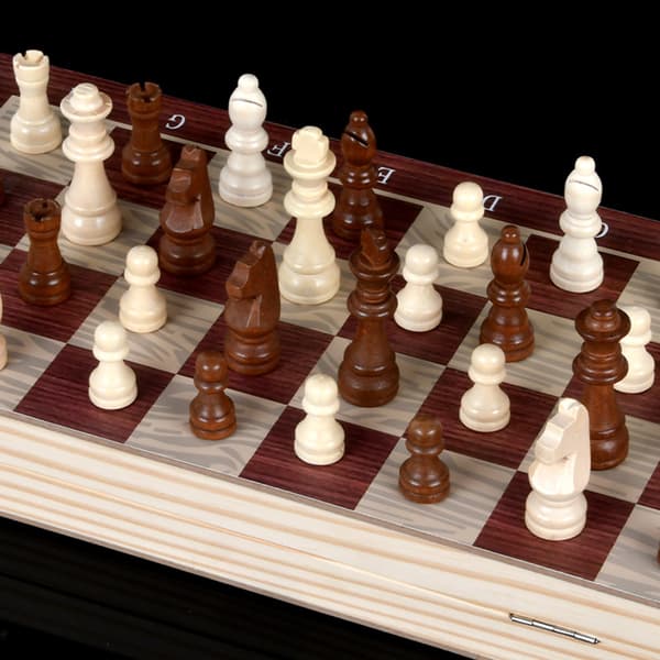 3-i-1 sjakksett i tre med dam og backgammon, bærbart for voksne og barn