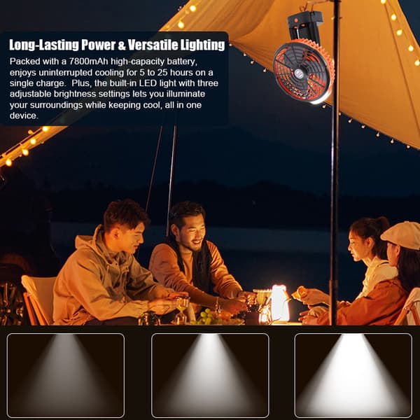 2-i-1 Campingventilator med LED-lys, stativ, genopladelig, 4 hastighedsniveauer til camping og fiskeri