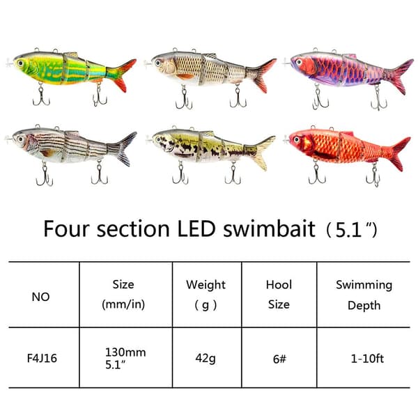 Elektrisk robotfiskesluk med USB oppladbart LED-lys, kunstig sluk med flere ledd, 13 cm, 42 g