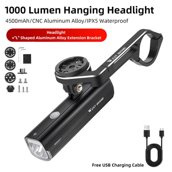 Sykkelhodelykt 1000 Lumen Oppladbar 4500mAh + Sykkelcomputerfeste