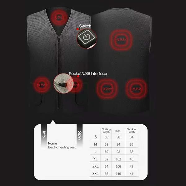 Elvest, USB genopladelig, smart, vaskbar, unisex, sort, størrelse L