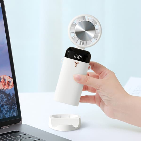 Bærbar sammenklappelig ventilator med kold kompression, 3 hastigheder, mobiltelefonholder, USB genopladelig