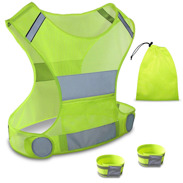 Refleksvest med håndleddsstropper, høy synlighet for løping, sykling og nattkjøring.