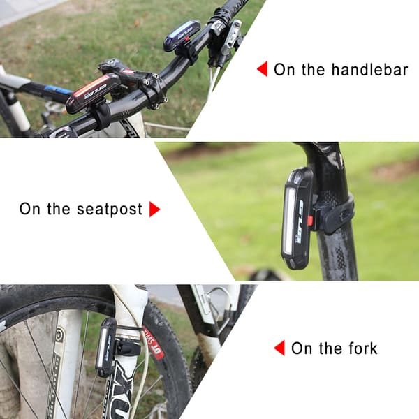 Genopladelig USB Cykelbaglygte 100LM 7 Lyseffekter Natadvarselslys