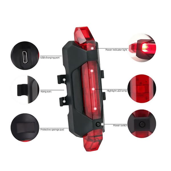 Oppladbar USB LED Sykkelbaklykt, 4 Moduser, 160mAh Batteri, Vanntett