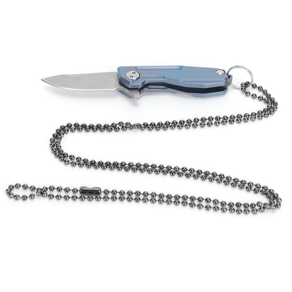 Mini sammenleggbar titankniv med D2-blad, nøkkelring og blått kjede