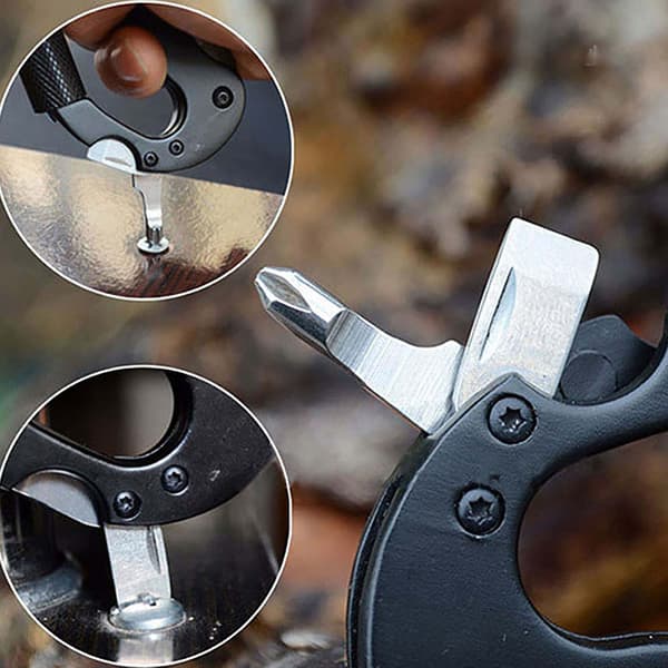 Sort 5-i-1 Multifunktionel Karabinhage med Kniv og Nøglering i Rustfrit Stål til Klatring og Camping