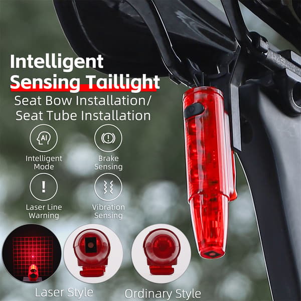 Genopladelig USB-cykelbaglygte med bremsegenkendelse og høj synlighed