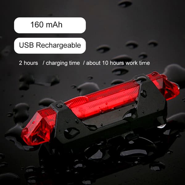 Oppladbar USB LED Sykkelbaklykt, 4 Moduser, 160mAh Batteri, Vanntett