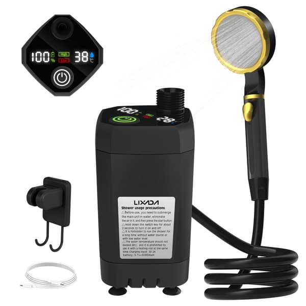 Bärbar duschpump för camping med smart digital display, utomhusduschkit för husbil och trädgård
