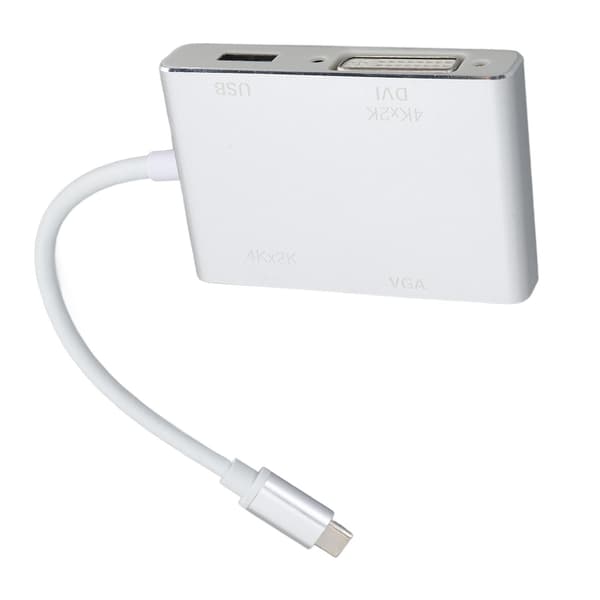 4-i-1 USB-C-hub, Type-C til HD multimediaadapter, DVI, VGA, USB 3.1-grensesnitt med lading