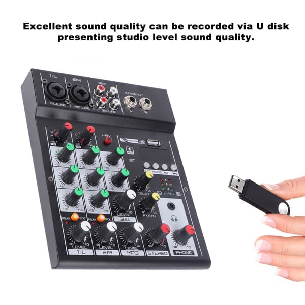 Profesjonell 4-kanals miksekonsoll med USB, Bluetooth og opptak for strømming og karaoke, UK-plugg