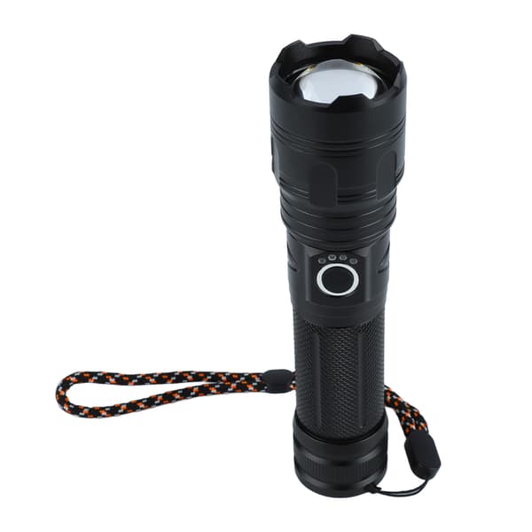Superljus infällbar ficklampa med lång räckvidd, batteriindikator, USB, aluminium för camping utomhus