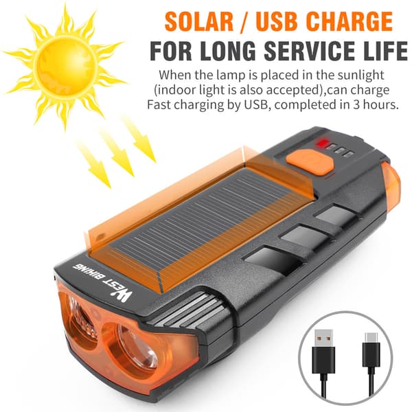 WEST BIKING Solar USB Genopladelig LED Cykellygte med Horn 120db IPX4 2000mAh