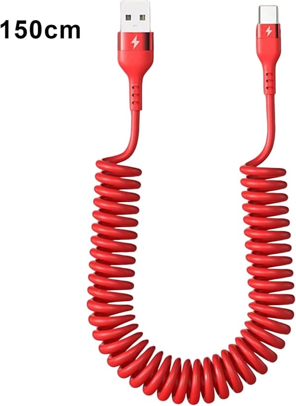 Spiralformet USB-C til udtrækkeligt bilopladerkabel til iPhone og Android, 5A hurtig strømoverførsel, rød, 150 cm
