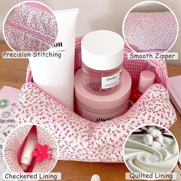 Quiltet makeup-taske med stor kapacitet, blomstret bomuldstaske til kvinder og piger, blå, pink
