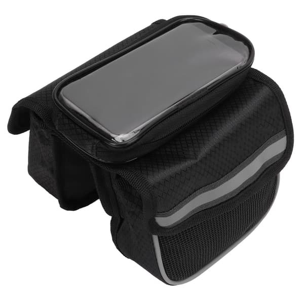 Sort cykelrammetaske, 600D nylon TPU følsom, reflekterende strimler, dobbelt lynlås