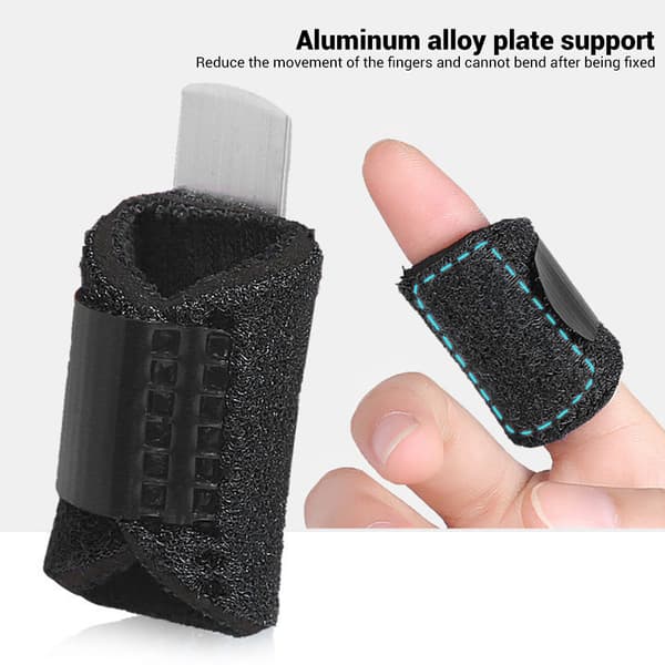 Fingerstøtte med pustende stoff og aluminiumsstøtte for stabilisering og helbredelse.