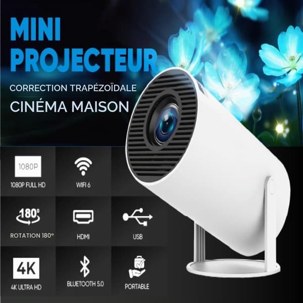 4K Smart-projektor Android 11 – Mini bärbar 1080P HD-projektor, WiFi 6, Bluetooth 5, App-streaming, 180° rotation, HDMI USB